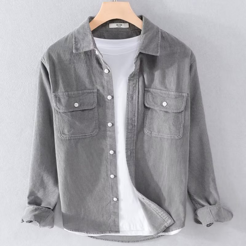 Corduroy Button Up Shirt Men - 남성용 코듀로이 셔츠, 단색, 긴팔, 캐주얼